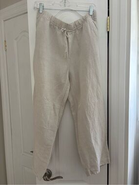 H&M Linen-Blend Cropped Drawstring Pants in Light Beige